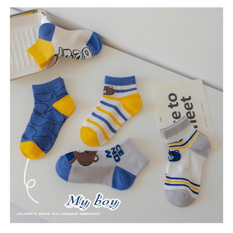 Set 5 đôi tất cotton gấu xanh kẻ bé trai , gái sợi bông mềm mại thoáng khi khử mùi Softie te1