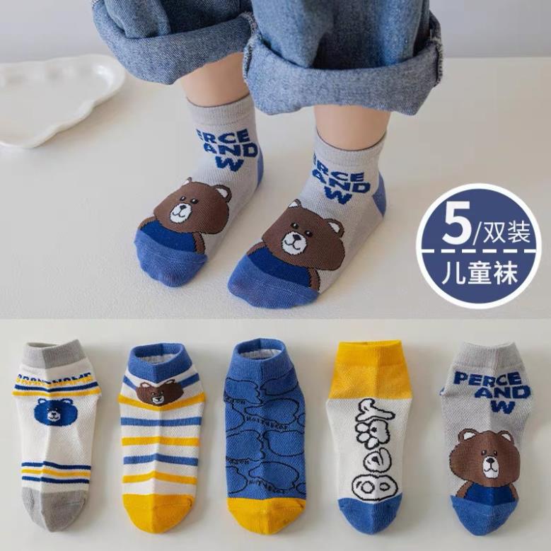 Set 5 đôi tất cotton gấu xanh kẻ bé trai , gái sợi bông mềm mại thoáng khi khử mùi Softie te1