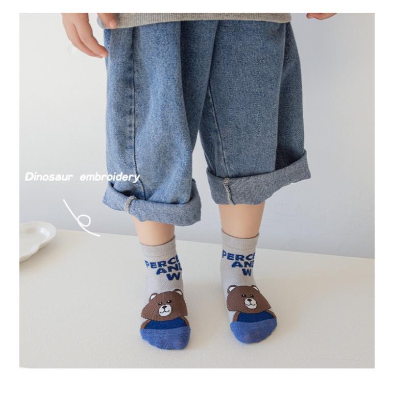Set 5 đôi tất cotton gấu xanh kẻ bé trai , gái sợi bông mềm mại thoáng khi khử mùi Softie te1