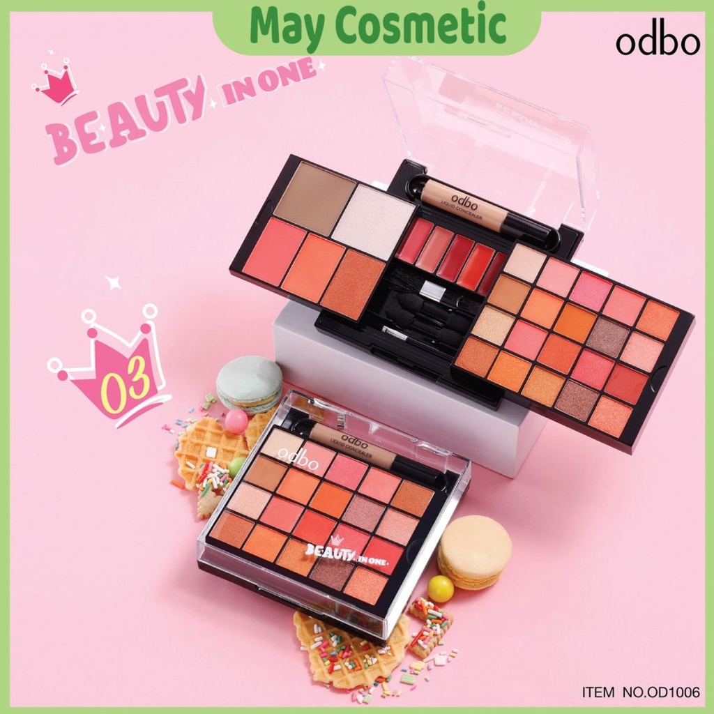 Bộ trang điểm 5in1 Odbo Beauty In One Thái Lan, Bảng Phấn Mắt Má Môi OD1006 Tiện Dụng Màu Xinh 31.5g