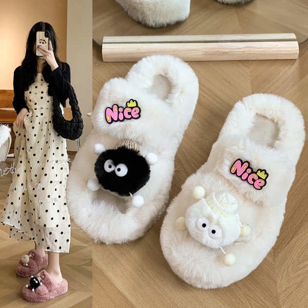 Dễ Thương Dép cotton Phối Lông Xù Dày Dặn Ấm Áp Thời Trang Mùa Thu Đông