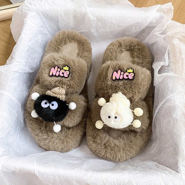 Dễ Thương Dép cotton Phối Lông Xù Dày Dặn Ấm Áp Thời Trang Mùa Thu Đông