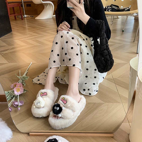 Dễ Thương Dép cotton Phối Lông Xù Dày Dặn Ấm Áp Thời Trang Mùa Thu Đông