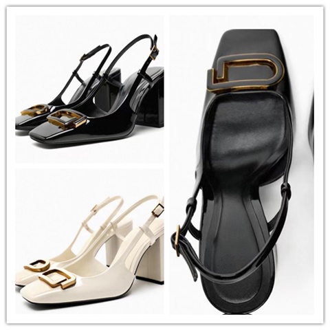 Xăng đan Cao Gót Mũi Vuông Bằng Da Bóng Màu Đen Thời Trang Mùa Hè Cho Nữ