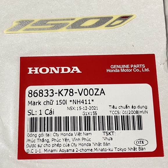 Tem chữ 150i SH 150i (2017-2020) Mark chữ 150I chính hãng Honda (86833-K78-V00ZA)