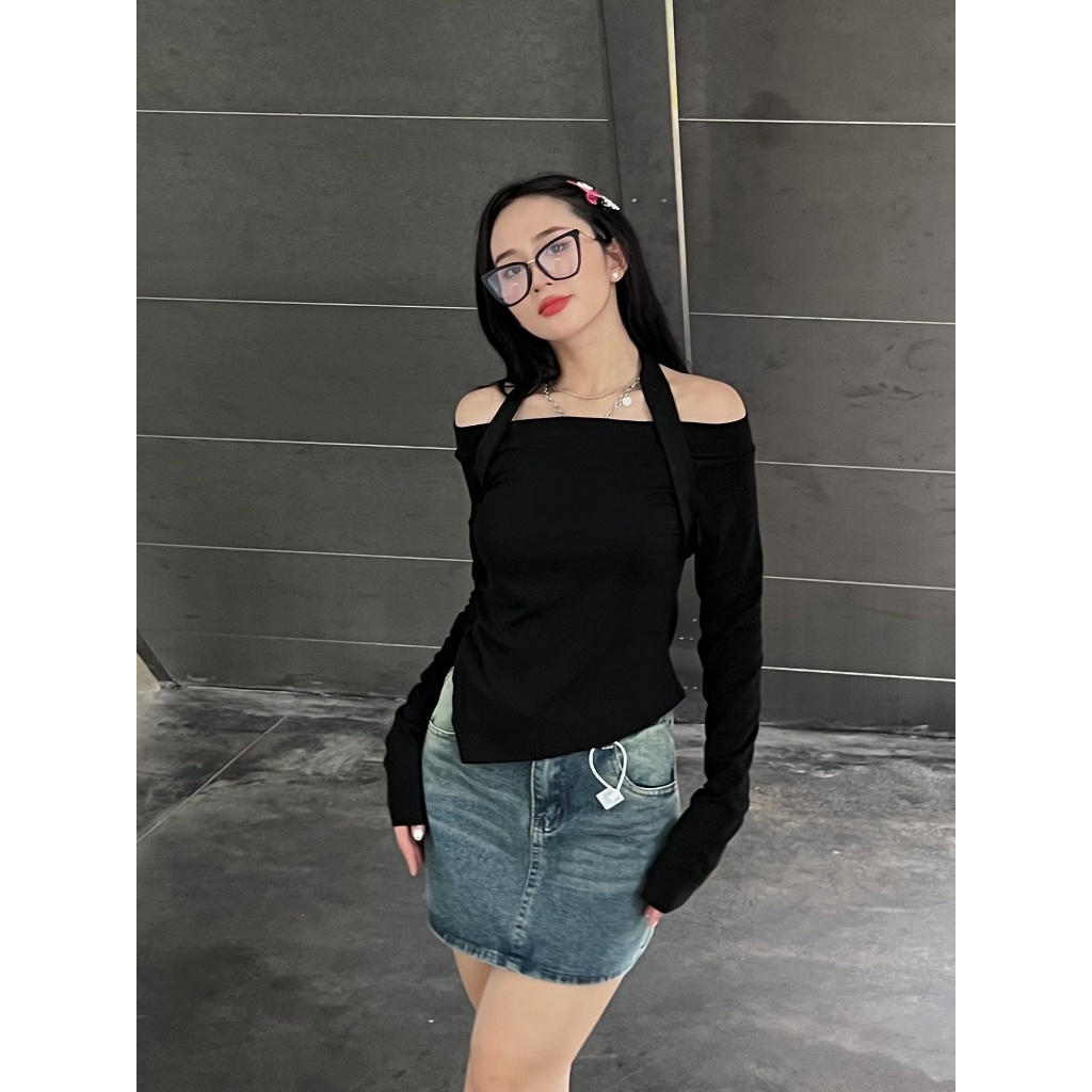 Áo trễ vai dài tay kèm dây yếm - LADDYSTORE - Aotrevaicheovat310_P8K9