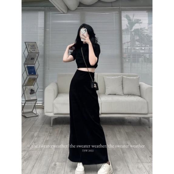 CHÂN VÁY suông dài thun co giãn cạp phẳng -  CHERYBASIC - Cvthundangdai257/p3k7