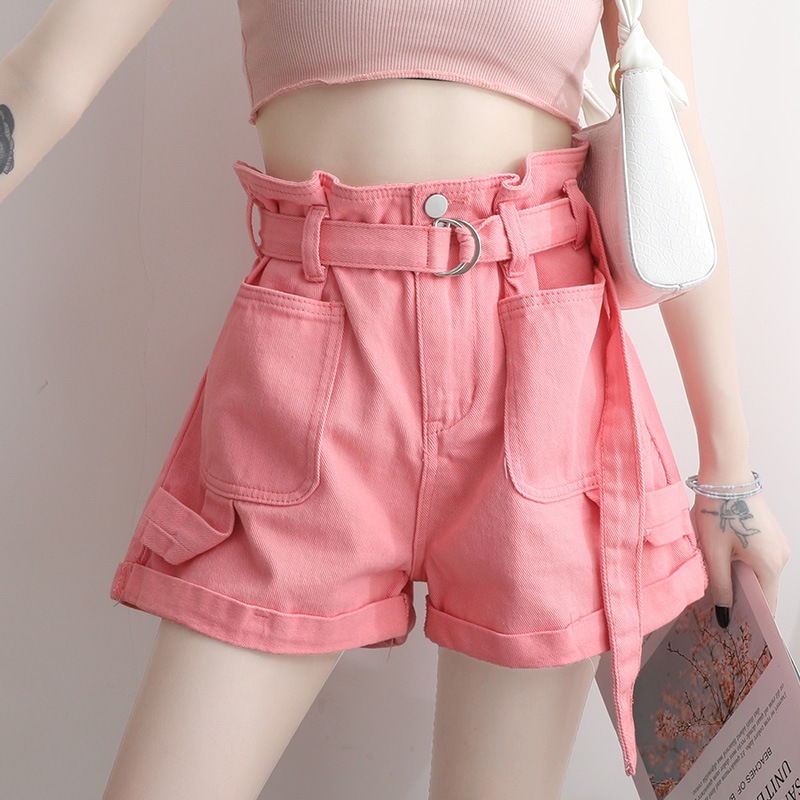 Jiashucheng Quần Short Jean Dáng Rộng Màu Hồng Phối Thắt Lưng Thời Trang Xuân Hè Dễ Phối Đồ Cho Nữ
