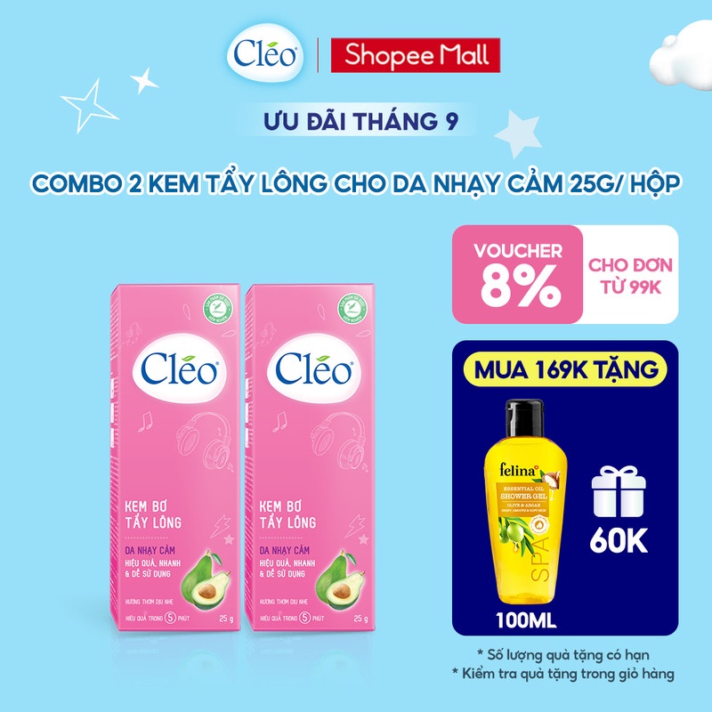 Combo 02 hộp Kem Tẩy Lông Cho Da Nhạy Cảm Cleo Avocado Hair Removal Cream Sensitive Skin 25g