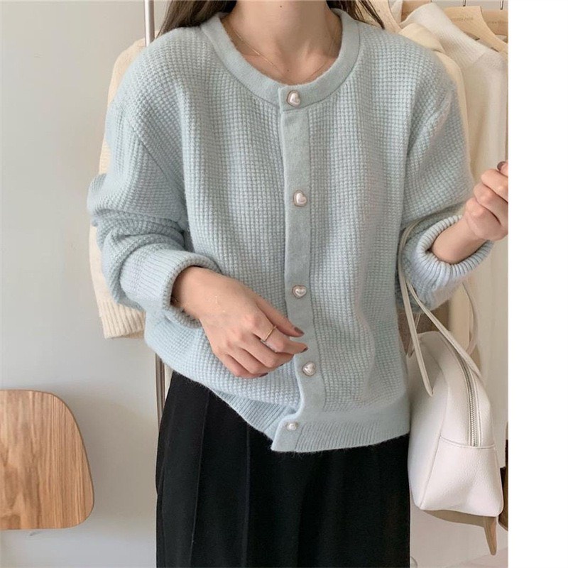 Áo khoác cardigan len cổ tròn dáng ngắn croptop khuy ngọc sang chảnh DELIZ nhiều màu trơn kiểu basic hàn quốc