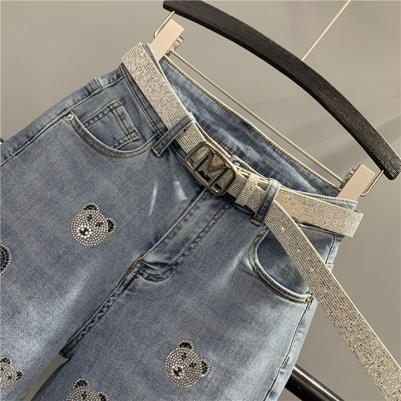 Mới Quần jeans Nữ Lưng Cao Đính Đá Thời Trang Hàn
