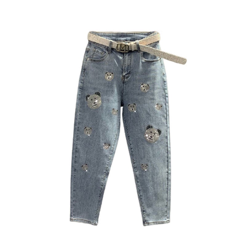 Mới Quần jeans Nữ Lưng Cao Đính Đá Thời Trang Hàn