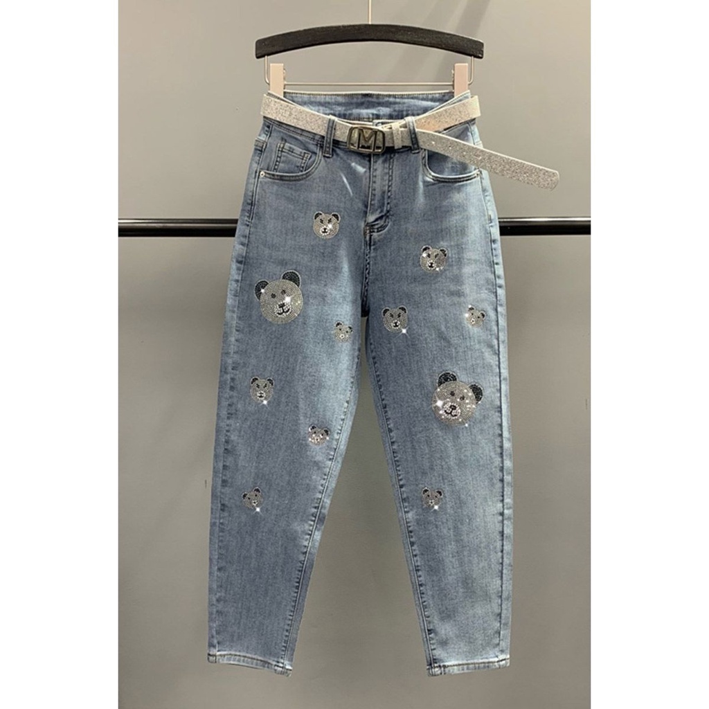 Mới Quần jeans Nữ Lưng Cao Đính Đá Thời Trang Hàn