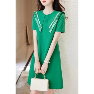 Váy dự tiệc cưới　đầm dự tiệc cưới　đầm dự tiệc cưới　đầm đám cưới　đầm đi tiệc cưới　đầm midi mùa hè 2023 dáng dài kiểu pháp có cổ bèo màu xanh lá mới