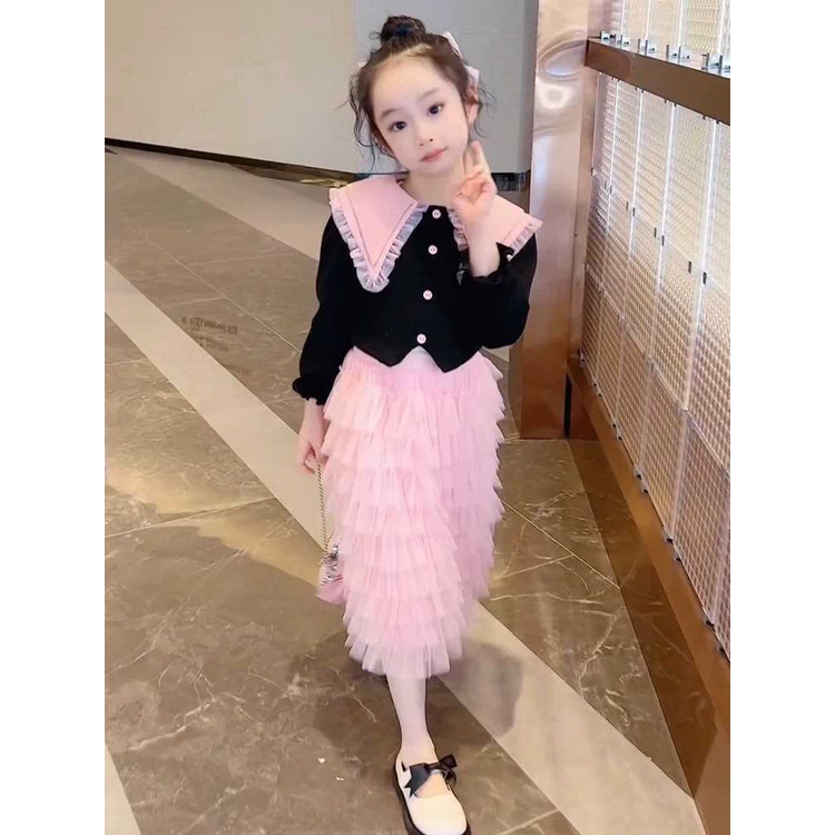 Bộ Áo Tay Dài + Chân Váy Xếp Tầng Phong Cách Thời Trang Mới 2023 Dành Cho Bé Gái