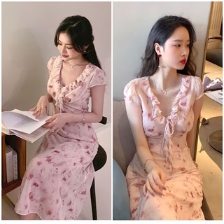 Đầm midi cổ chữ v viền nhún bèo họa tiết hoa màu hồng thời trang xinh xắn cho nữ 118