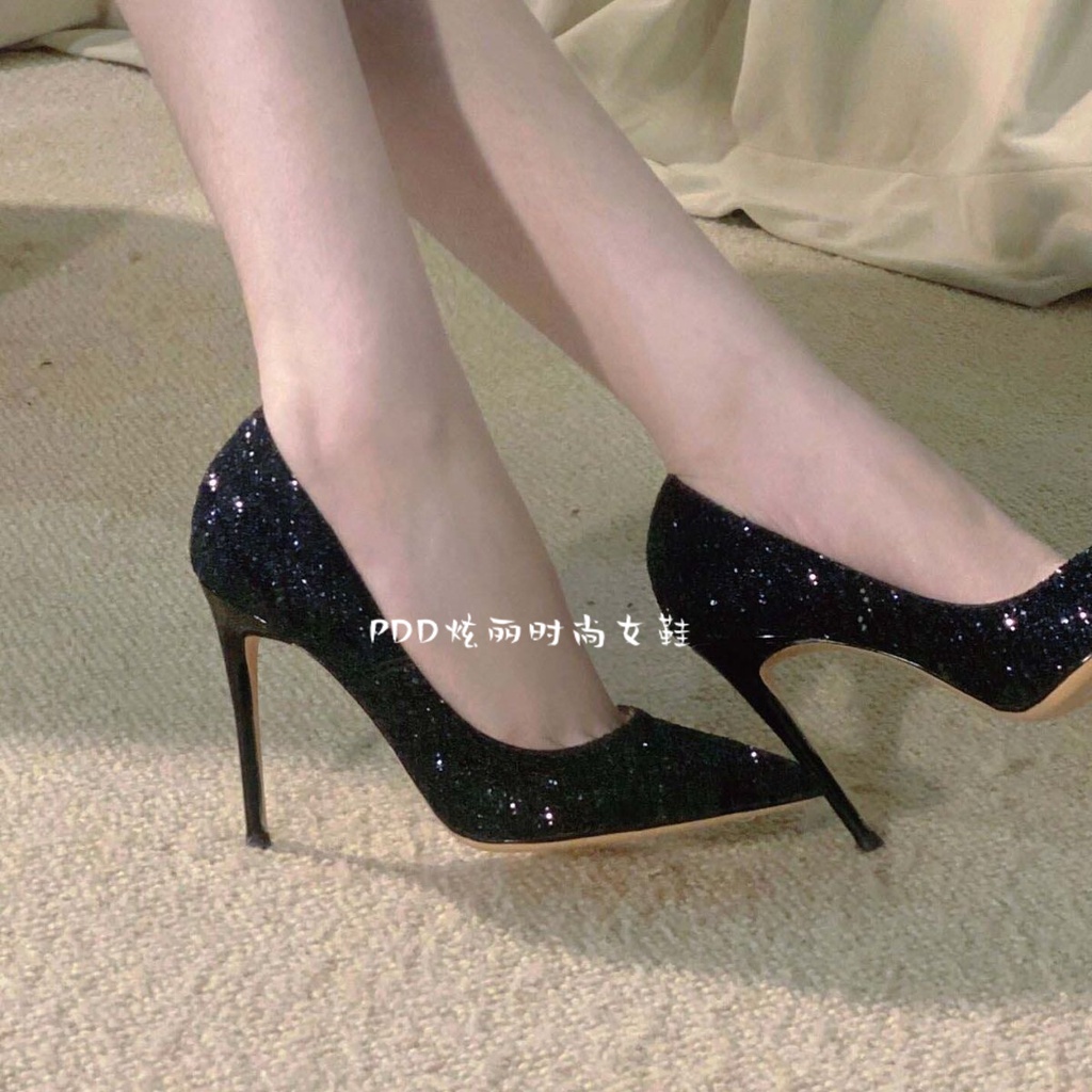 Đen Giày Cao Gót 10cm Mũi Nhọn Đính Kim Sa Lấp Lánh Thời Trang Cho Nữ