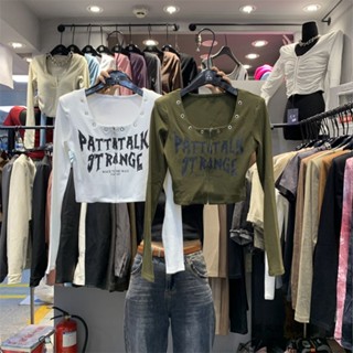 Jiashucheng Áo Thun cardigan Cổ Vuông Tay Dài In Chữ Lỗ Thông Hơi Trang Trí Mùa Thu Phong Cách Hàn Quốc Cho Nữ