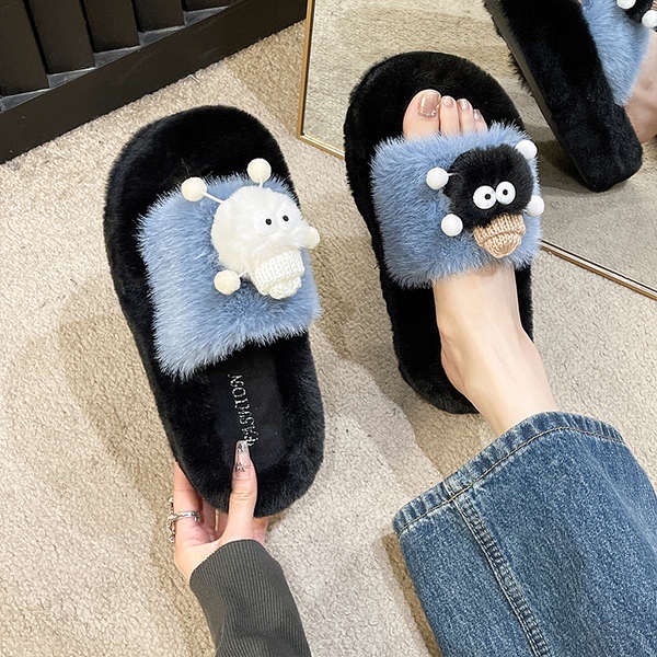 Dép lông thú Con búp bê nữ dày, mùa thu đông thời trang phim hoạt hình đáng yêu
