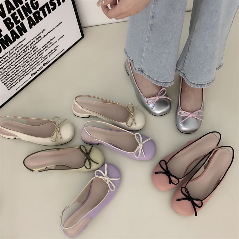 Giày búp bê nơ có quai sau tông màu pastel
