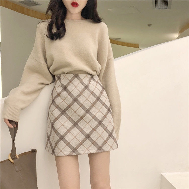 Jiashucheng Bộ Áo sweater + Chân Váy Len Dáng Chữ a Lưng Cao Kẻ Sọc Caro Thời Trang Thu Đông