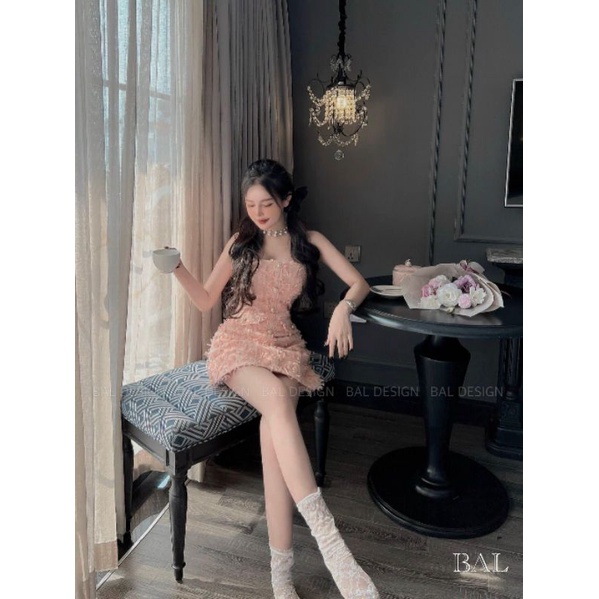 Sét váy dạ lông đính ngọc hồng đen phonh cách sang chảnh/Roseycloset