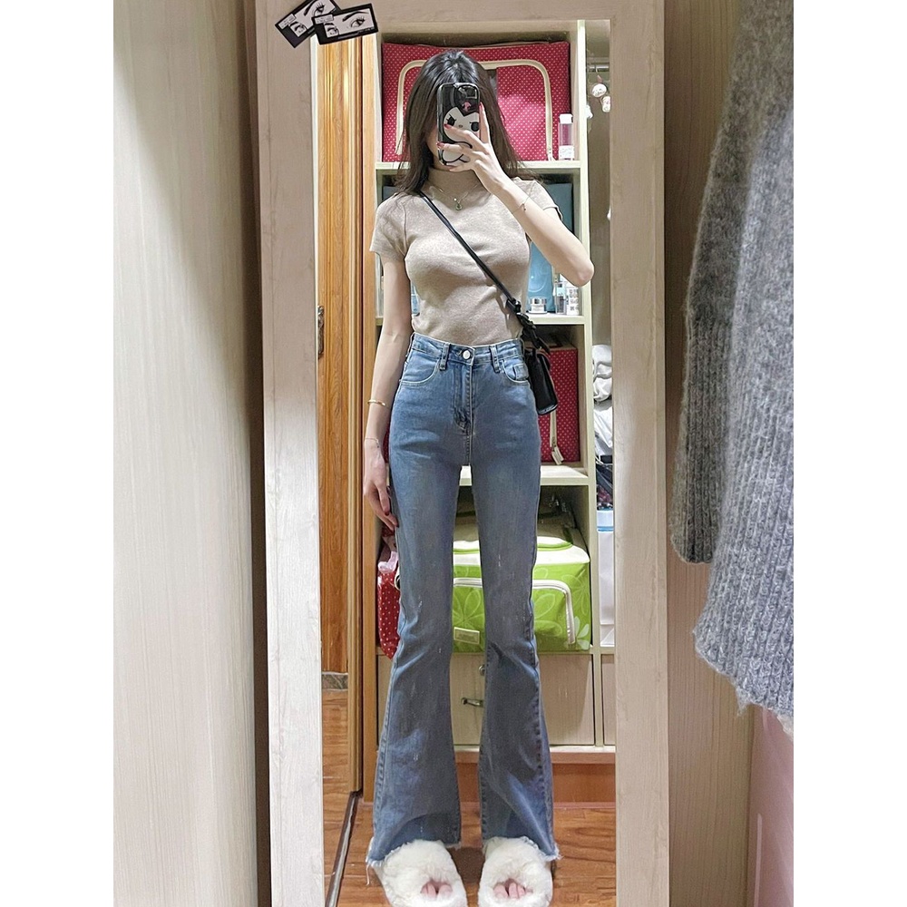 Jiashucheng Quần Jean Ống Loe Lưng Cao Co Giãn Phong Cách retro Xuân Thu 2023 Mới Cho Nữ