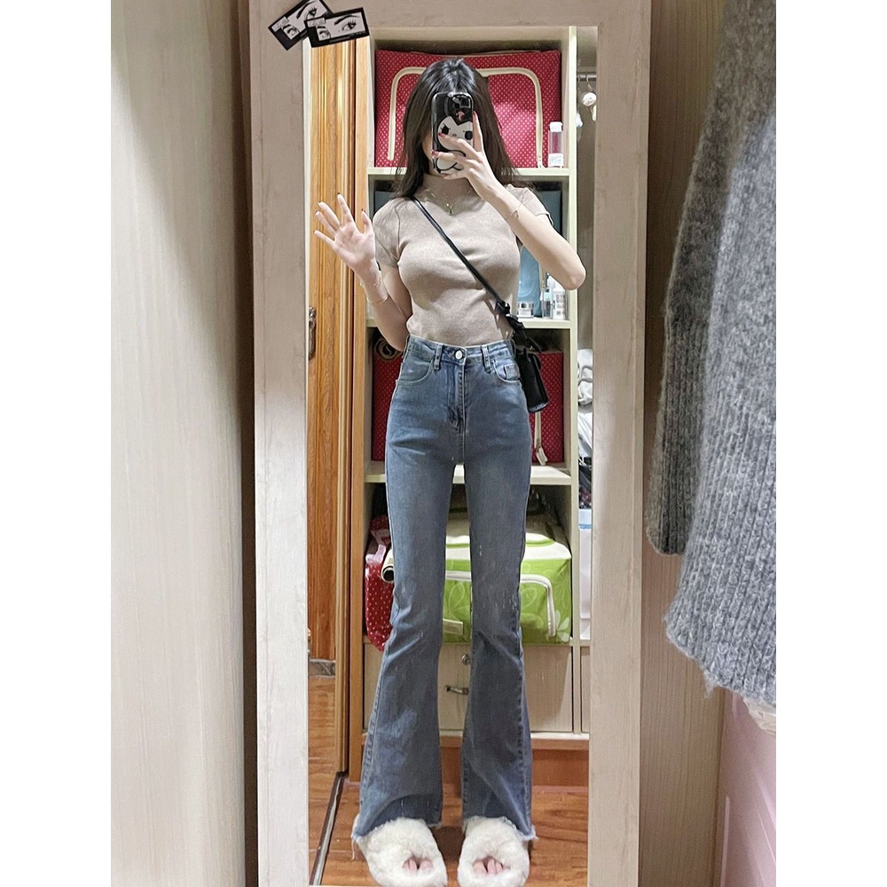 Jiashucheng Quần Jean Ống Loe Lưng Cao Co Giãn Phong Cách retro Xuân Thu 2023 Mới Cho Nữ