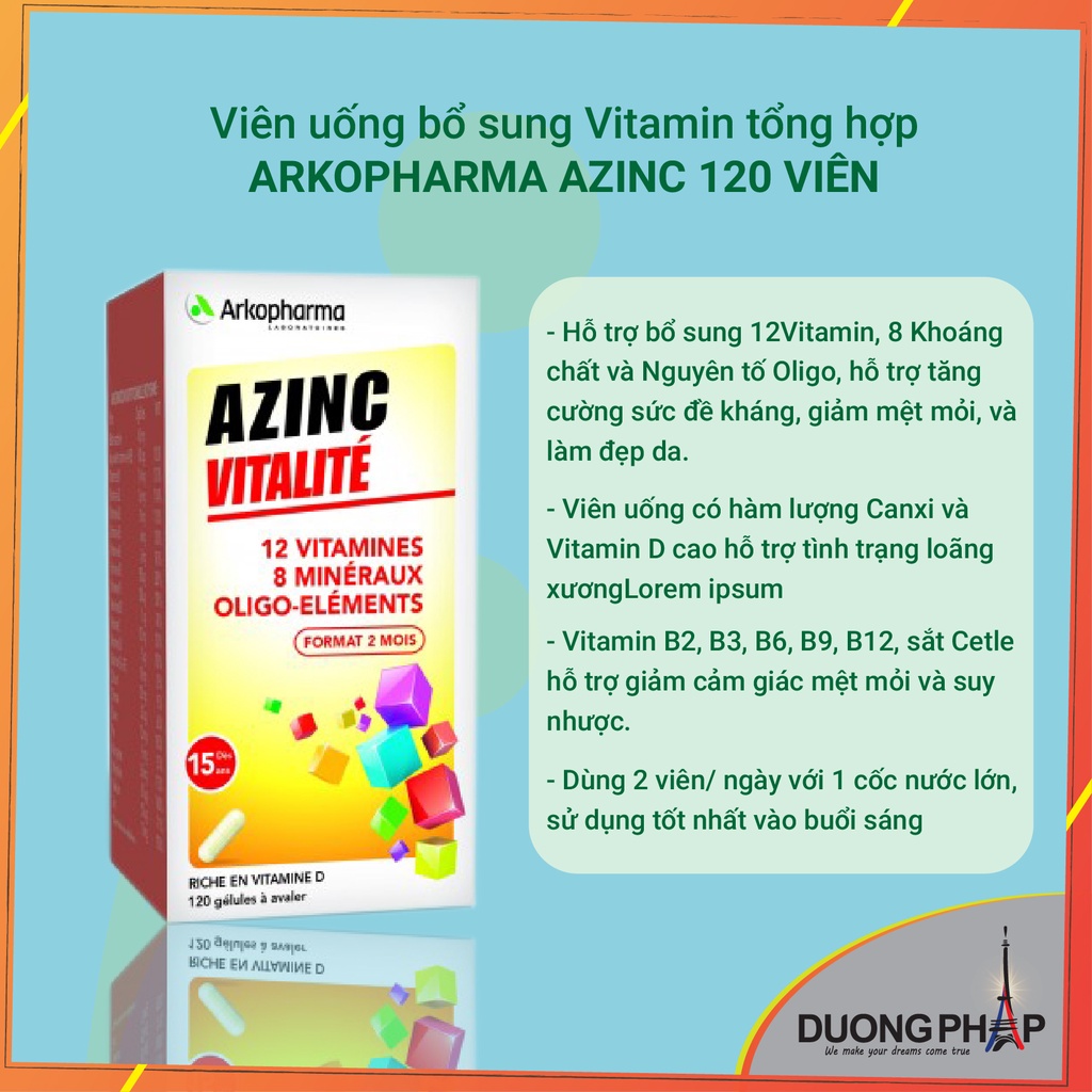 Viên uống bổ sung Vitamin tổng hợp Arkopharma AzinC 120 viên