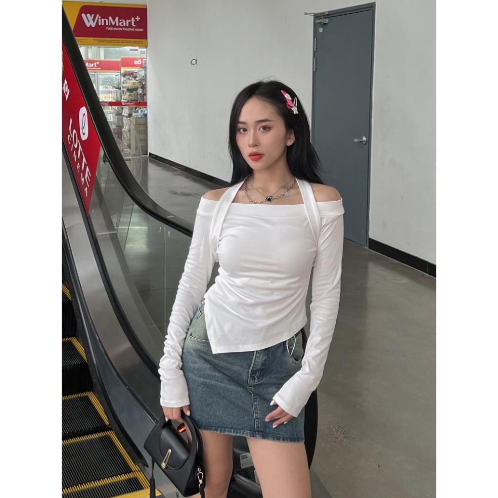 Áo trễ vai dài tay kèm dây yếm - LADDYSTORE - Aotrevaicheovat310_P8K9