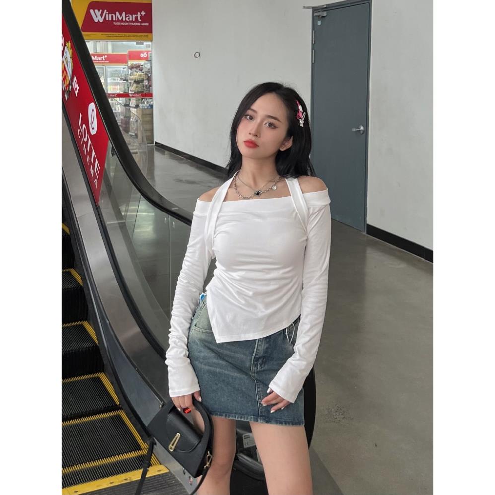 Áo trễ vai dài tay kèm dây yếm - LADDYSTORE - Aotrevaicheovat310_P8K9