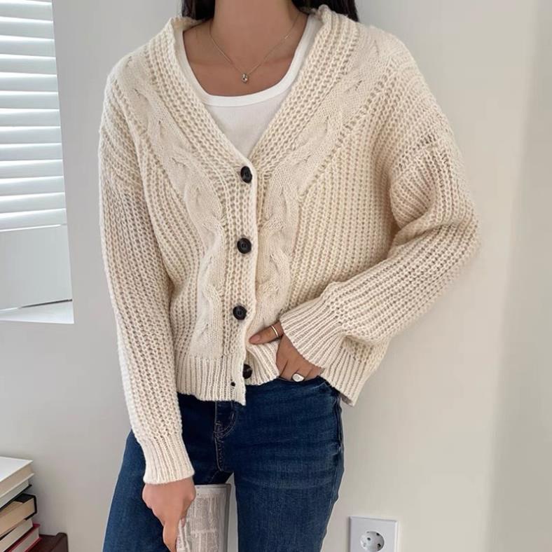 Áo len cadigan vặn thừng cúc đen  Aocadigan4353_P0K19 Laddy Store