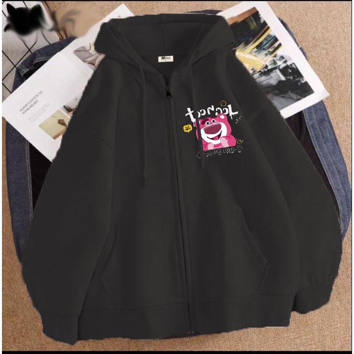 Áo khoác gấu dâu be me cho bé gái chất nỉ phom rộng size từ 9 đến 65kg