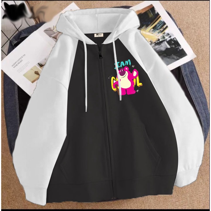 Áo khoác gấu dâu 394 cho bé gái chất nỉ phom rộng size từ 9 đến 65kg