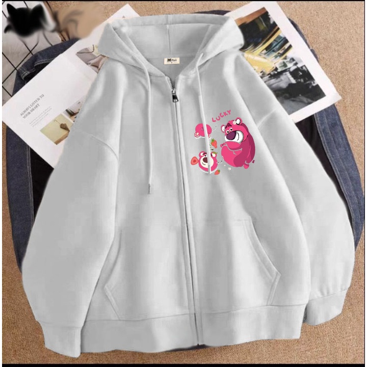 Áo khoác gấu dâu 392 cho bé gái chất nỉ phom rộng size từ 9 đến 65kg