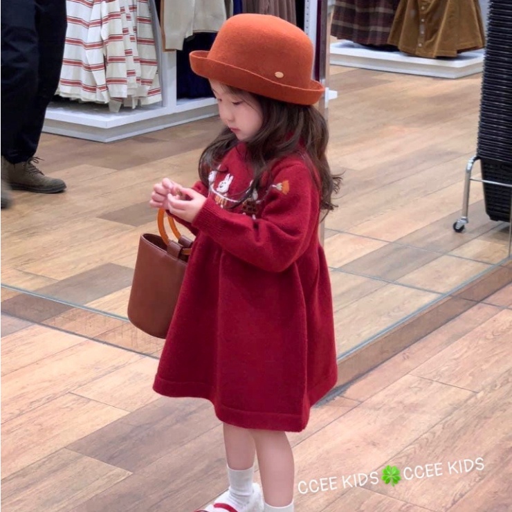 Váy len tăm dáng babydoll cho bé gái đỏ thắm xinh xắn size đại 10-32kg Đầm bé gái dài tay thu đông Hadukids