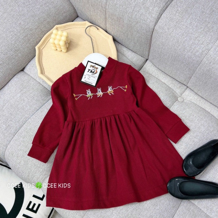 Váy len tăm dáng babydoll cho bé gái đỏ thắm xinh xắn size đại 10-32kg Đầm bé gái dài tay thu đông Hadukids