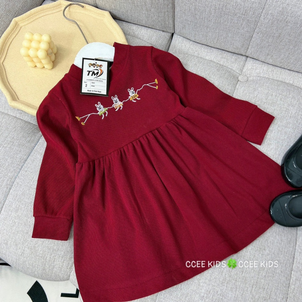 Váy len tăm dáng babydoll cho bé gái đỏ thắm xinh xắn size đại 10-32kg Đầm bé gái dài tay thu đông Hadukids