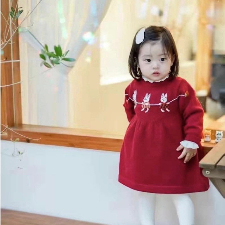 Váy len tăm dáng babydoll cho bé gái đỏ thắm xinh xắn size đại 10-32kg Đầm bé gái dài tay thu đông Hadukids