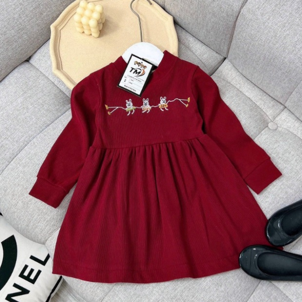 Váy len tăm dáng babydoll cho bé gái đỏ thắm xinh xắn size đại 10-32kg Đầm bé gái dài tay thu đông Hadukids