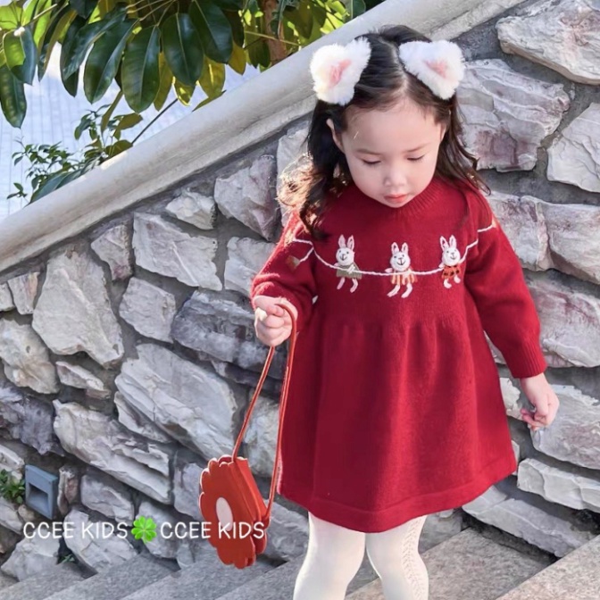 Váy len tăm dáng babydoll cho bé gái đỏ thắm xinh xắn size đại 10-32kg Đầm bé gái dài tay thu đông Kittenbabyshop