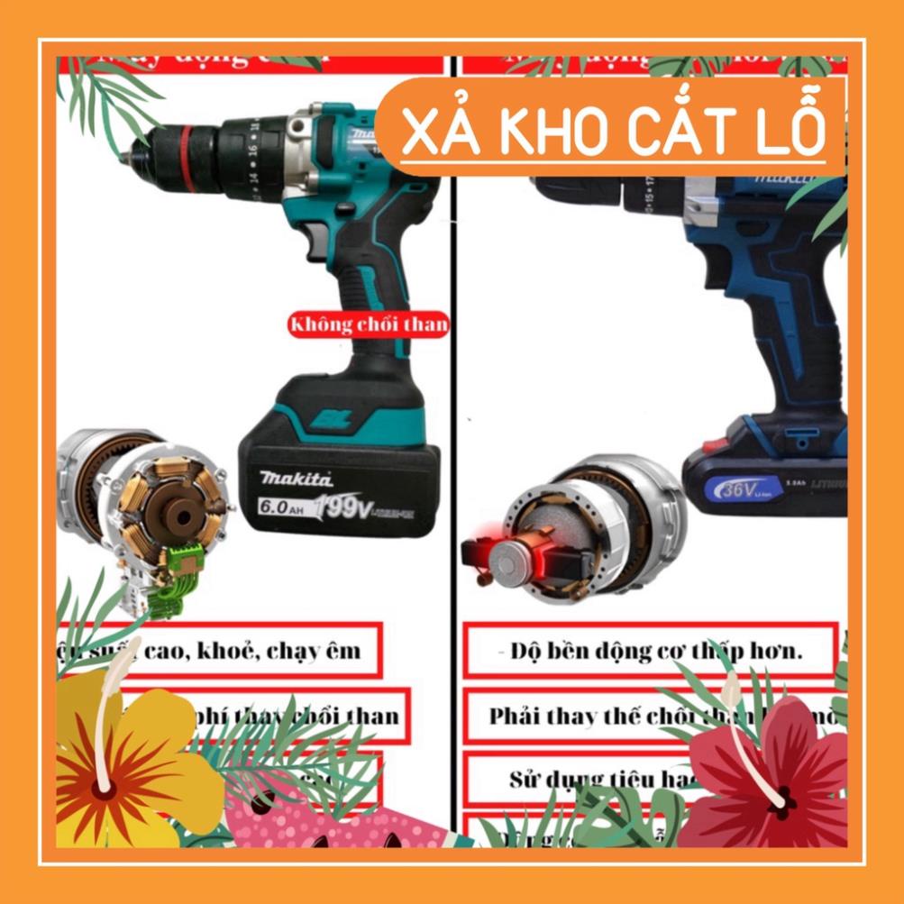 Máy Khoan Pin Makita Không chổi than - Có búa - Khoan 3 tác dụng 13mm - Khoan Pin Makita 199V khuyến mãi kè