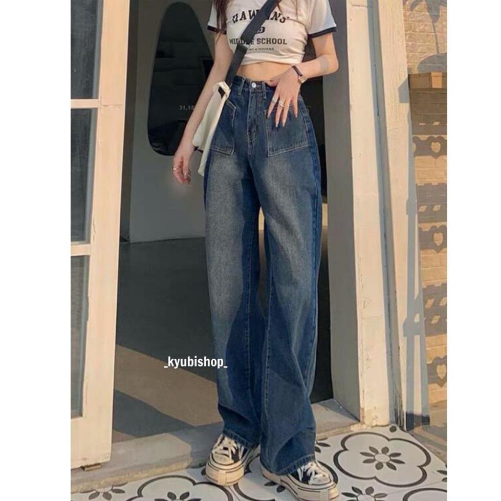 f Quần bò nữ - quần jeans ống rộng lưng cao màu Xám Đen COAL - Quần jean suông baggy Kyubi Shop g