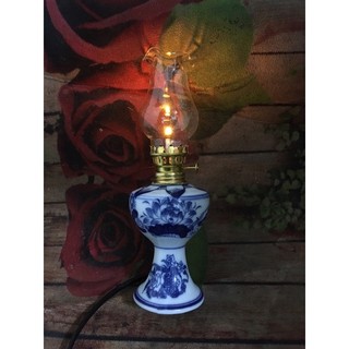 Đèn dầu thờ men lam hoa sen dùng điện siêu bền cao 20cm