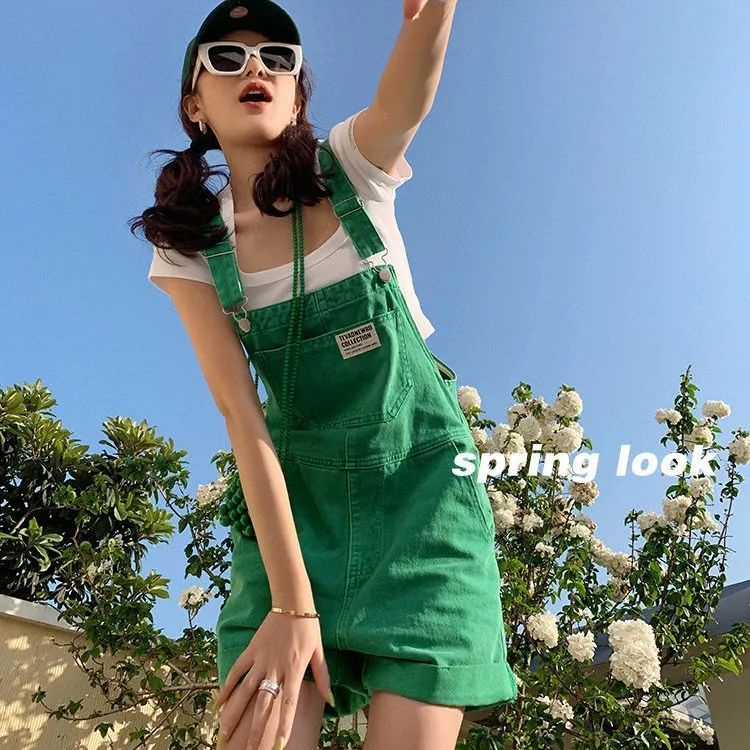 Jiashucheng Quần Yếm denim Ngắn Lưng Cao Có Túi Lớn Dễ Phối Đồ Mùa Hè Cho Học Sinh Nữ