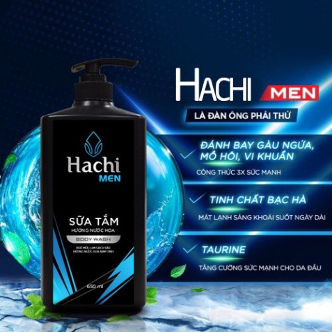 Combo Dầu Gội + sữa tắm Hachi Men Hương Nước Hoa cao cấp 650g/chai chiết xuất từ Hoắc hương & Gỗ tuyết tùng Hot