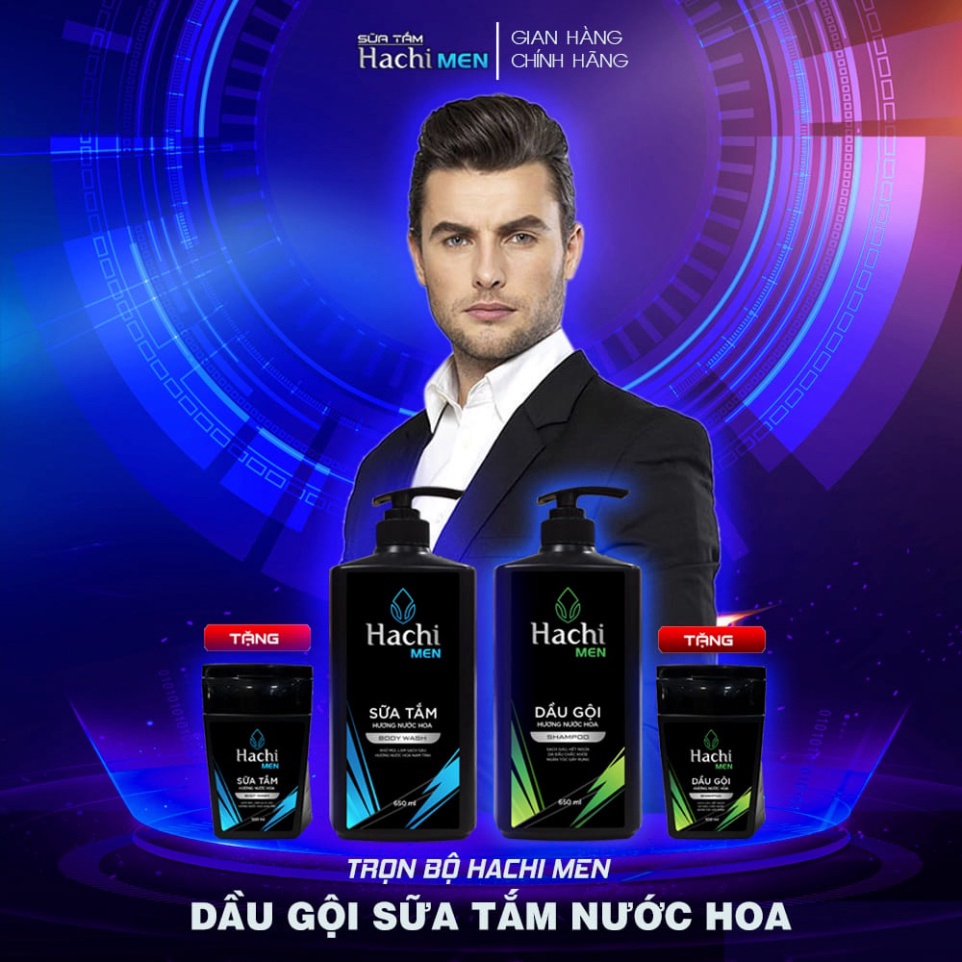 Combo Dầu Gội + sữa tắm Hachi Men Hương Nước Hoa cao cấp 650g/chai chiết xuất từ Hoắc hương & Gỗ tuyết tùng Hot