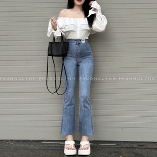 Quần jeans nữ ống loe 9 tất, quần jeans nữ lưng cao ống đứng chất jeans co dãn hàng loại 1 plq202-shop phuong lynh