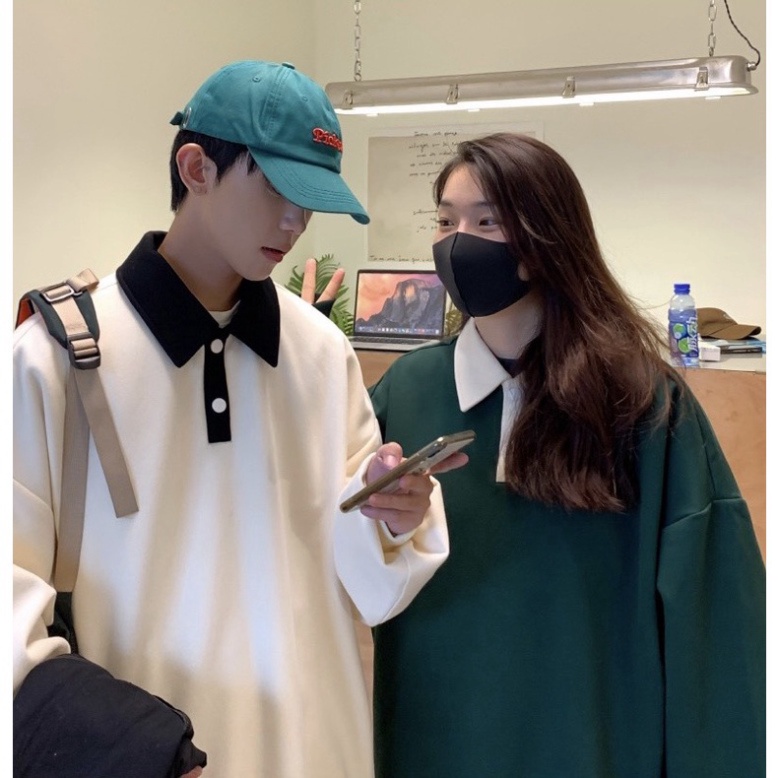 GAR Áo sweater thiết kế polo unisex - Áo dáng rộng cổ bẹ dài tay Ulzzang unisex | BigBuy360 - bigbuy360.vn