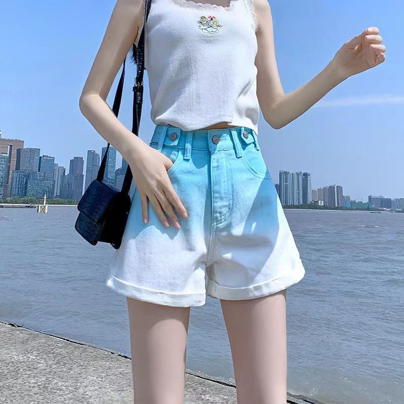 Jiashucheng Quần Short denim Chữ a Lưng Cao Ống Rộng Màu gradient Phong Cách Mới